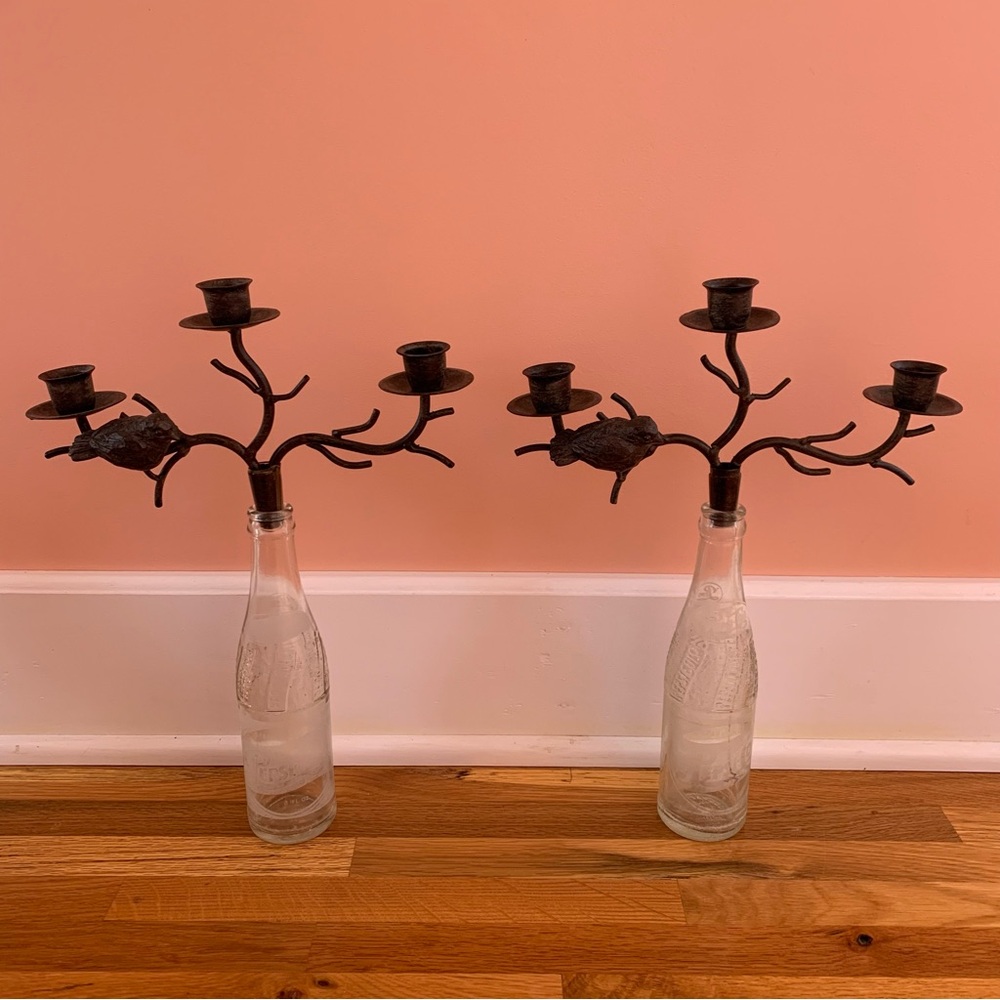 Set of 2 Bird Candle Holders Antique Bronze Tone Iron Metal - Picture 7 of 7